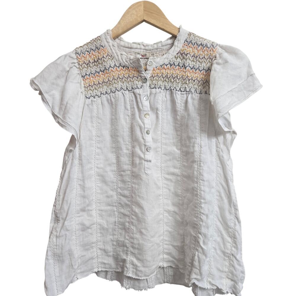 Faherty Women Honokaia Linen Embroidered Flutter Sleeve Top M Boho Peasant - Picture 3 of 11